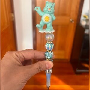 Blue and Gold Beaded Pen with Bear Topper